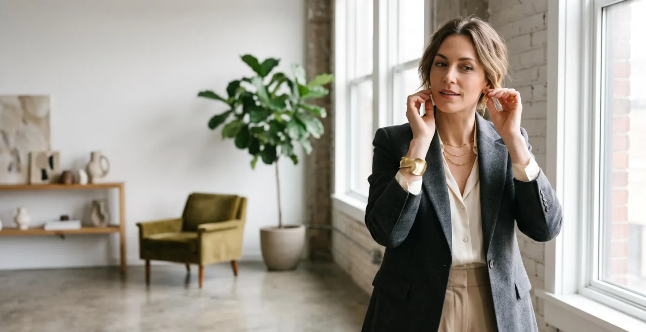 Mujer con estilo minimalista luciendo accesorios modernos integrados de forma armoniosa en un entorno editorial luminoso