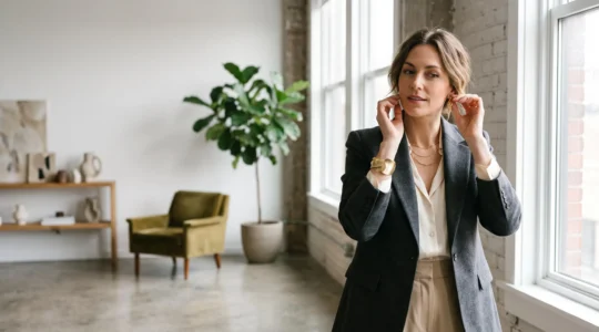 Mujer con estilo minimalista luciendo accesorios modernos integrados de forma armoniosa en un entorno editorial luminoso