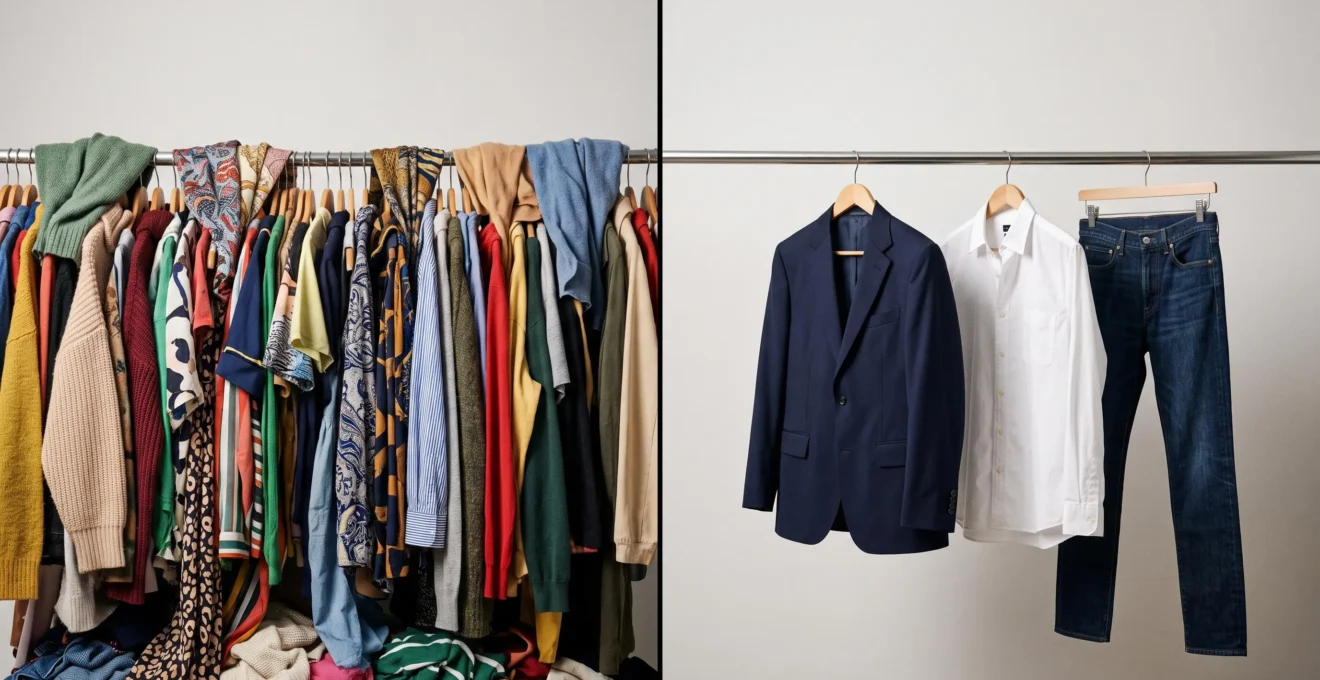 Composición editorial que contrasta un armario abarrotado de prendas de tendencia con un espacio minimalista de piezas atemporales seleccionadas