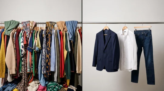 Composición editorial que contrasta un armario abarrotado de prendas de tendencia con un espacio minimalista de piezas atemporales seleccionadas