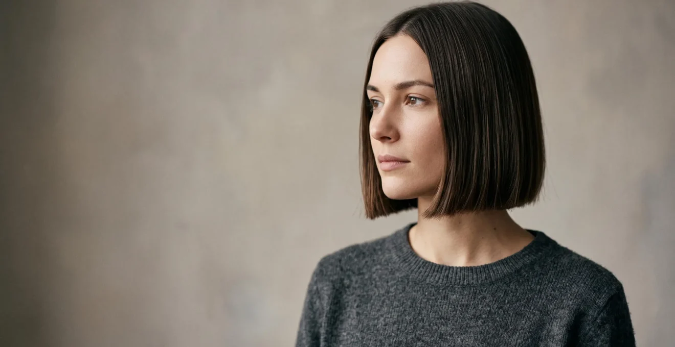 Retrato editorial de una mujer con corte bob recto que resalta la línea geométrica del corte junto a su mandíbula