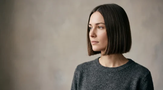 Retrato editorial de una mujer con corte bob recto que resalta la línea geométrica del corte junto a su mandíbula