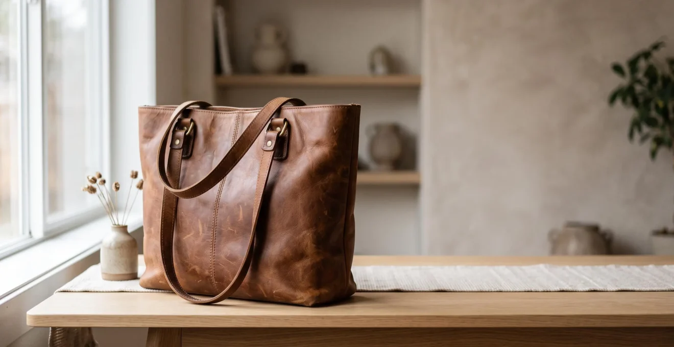 Bolso de piel de alta gama con pátina natural reposando sobre una superficie de madera minimalista, simbolizando el cuidado que mejora el cuero con los años
