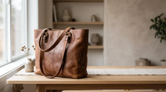 Bolso de piel de alta gama con pátina natural reposando sobre una superficie de madera minimalista, simbolizando el cuidado que mejora el cuero con los años
