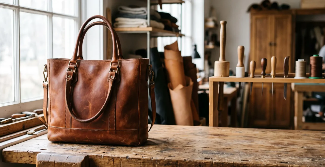 Bolso de piel natural con pátina noble desarrollada tras años de uso, sobre una mesa de artesano