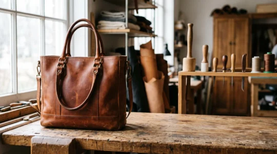 Bolso de piel natural con pátina noble desarrollada tras años de uso, sobre una mesa de artesano
