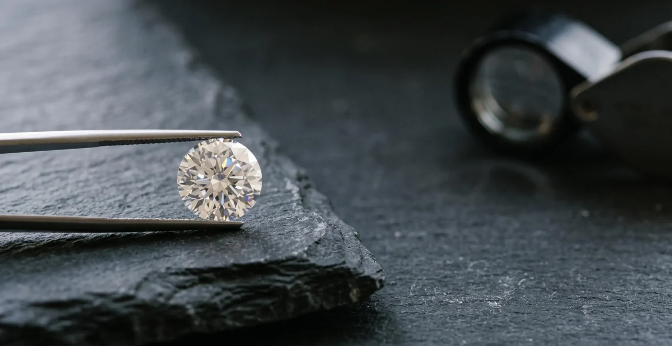 Diamante suelto sobre superficie oscura iluminado para revelar su talla, color y brillo, simbolizando la evaluación experta de las 4C