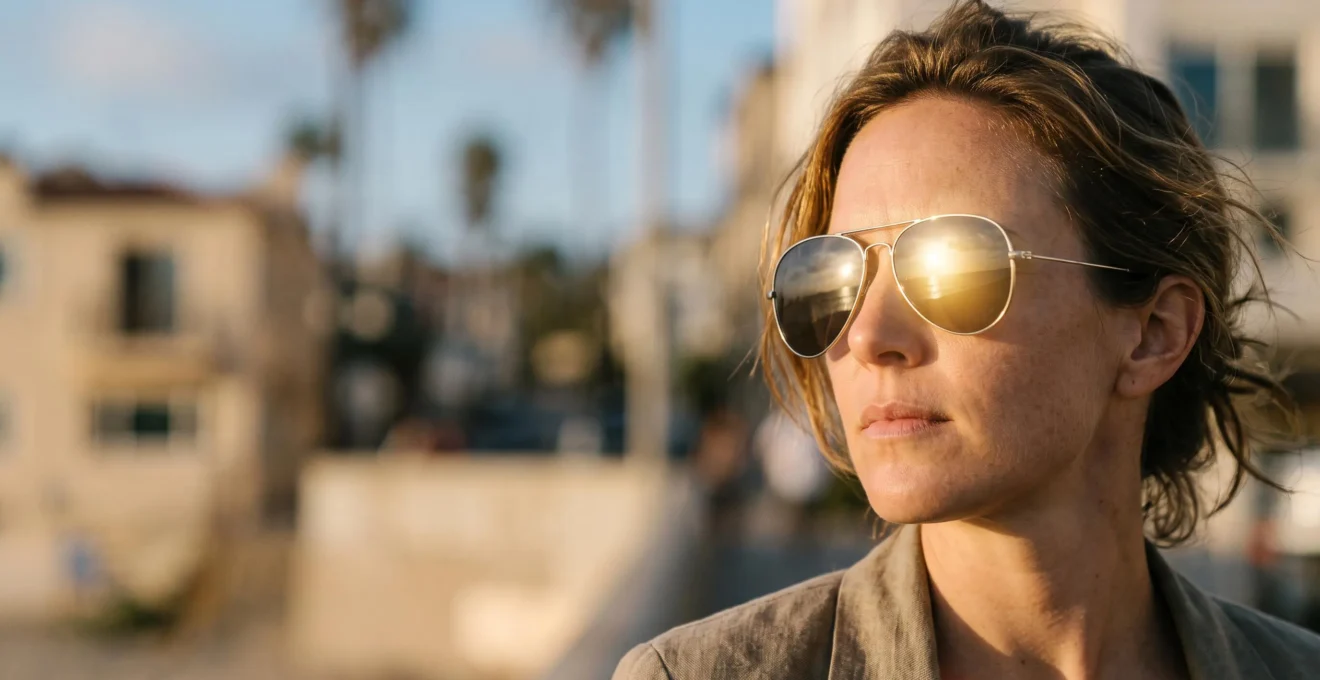 Persona con gafas de sol de estilo clasico bajo luz natural intensa, reflejo de sol en la lente que sugiere la duda entre proteccion real e imitacion