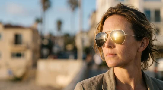 Persona con gafas de sol de estilo clasico bajo luz natural intensa, reflejo de sol en la lente que sugiere la duda entre proteccion real e imitacion