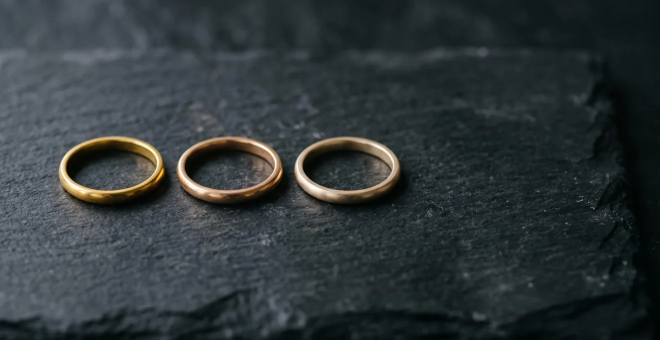 Tres anillos de oro con tonalidades doradas distintas representando los quilates 18k, 14k y 10k sobre una superficie oscura
