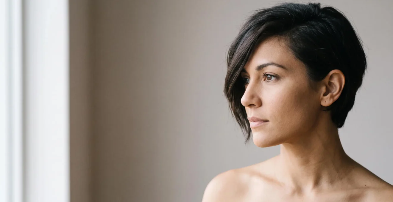 Retrato editorial de una mujer cuyo corte de pelo enmarca y equilibra armoniosamente las facciones de su rostro