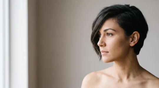 Retrato editorial de una mujer cuyo corte de pelo enmarca y equilibra armoniosamente las facciones de su rostro
