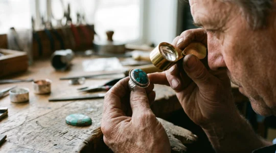 Manos de un artesano examinando con una lupa una piedra turquesa engastada en un anillo de plata, mientras otra piedra similar reposa sin brillo en la mesa de trabajo