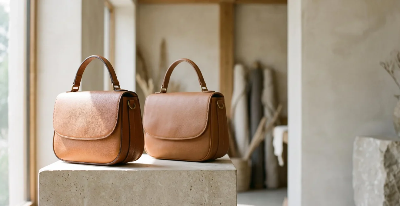 Dos bolsos de cuero de aspecto similar colocados uno junto al otro, mostrando diferencias sutiles de textura y acabado que justifican su diferencia de precio
