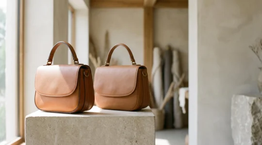 Dos bolsos de cuero de aspecto similar colocados uno junto al otro, mostrando diferencias sutiles de textura y acabado que justifican su diferencia de precio