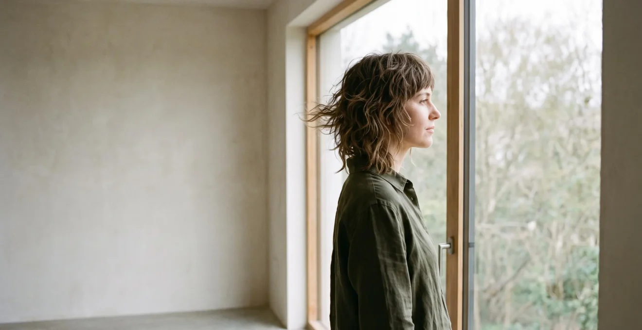 Mujer con corte shag en capas naturales mostrando movimiento y textura del cabello bajo luz suave