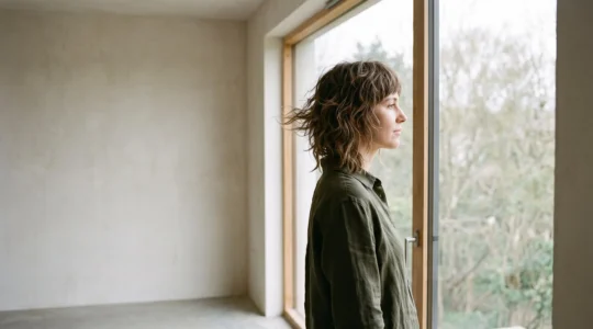 Mujer con corte shag en capas naturales mostrando movimiento y textura del cabello bajo luz suave