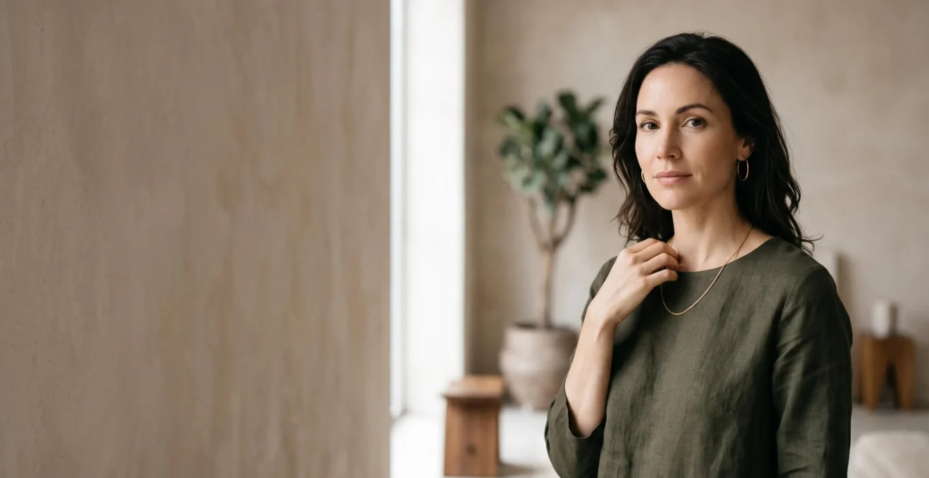 Mujer elegante luciendo un conjunto de joyas equilibrado, con espacio negativo alrededor para resaltar cada pieza sin saturar el look