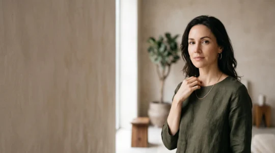 Mujer elegante luciendo un conjunto de joyas equilibrado, con espacio negativo alrededor para resaltar cada pieza sin saturar el look