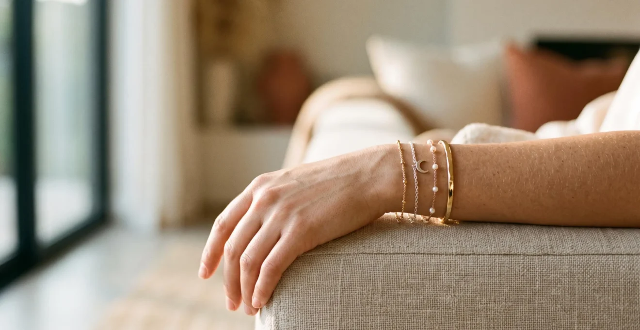 Muñeca femenina luciendo una combinación armoniosa de pulseras finas y un brazalete medio en tonos mixtos de metal