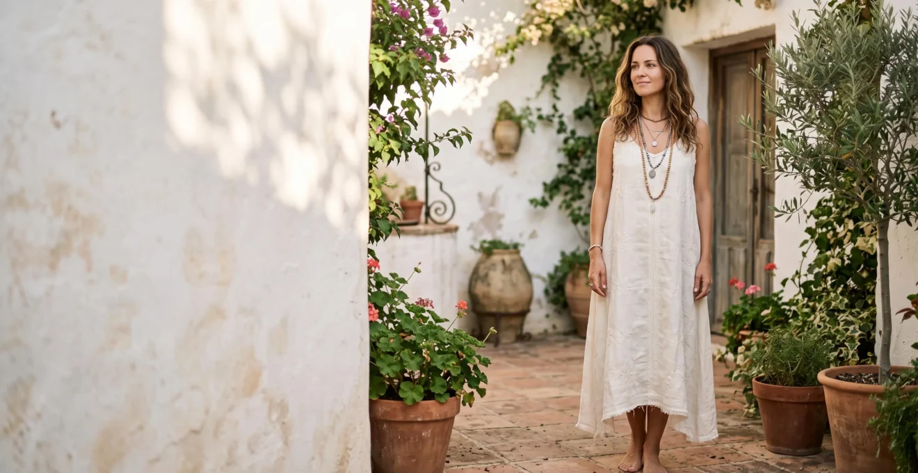 Mujer con estilo boho chic sofisticado luciendo joyeria artesanal y prendas de lino en un patio luminoso