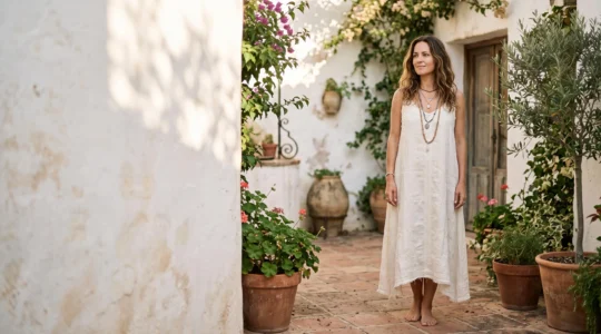 Mujer con estilo boho chic sofisticado luciendo joyeria artesanal y prendas de lino en un patio luminoso