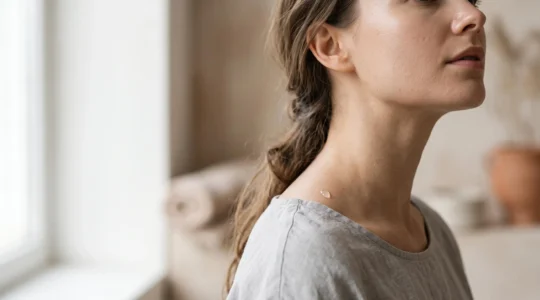 Composición editorial de belleza que representa la elección entre ácidos exfoliantes y la exfoliación mecánica para distintos tipos de piel