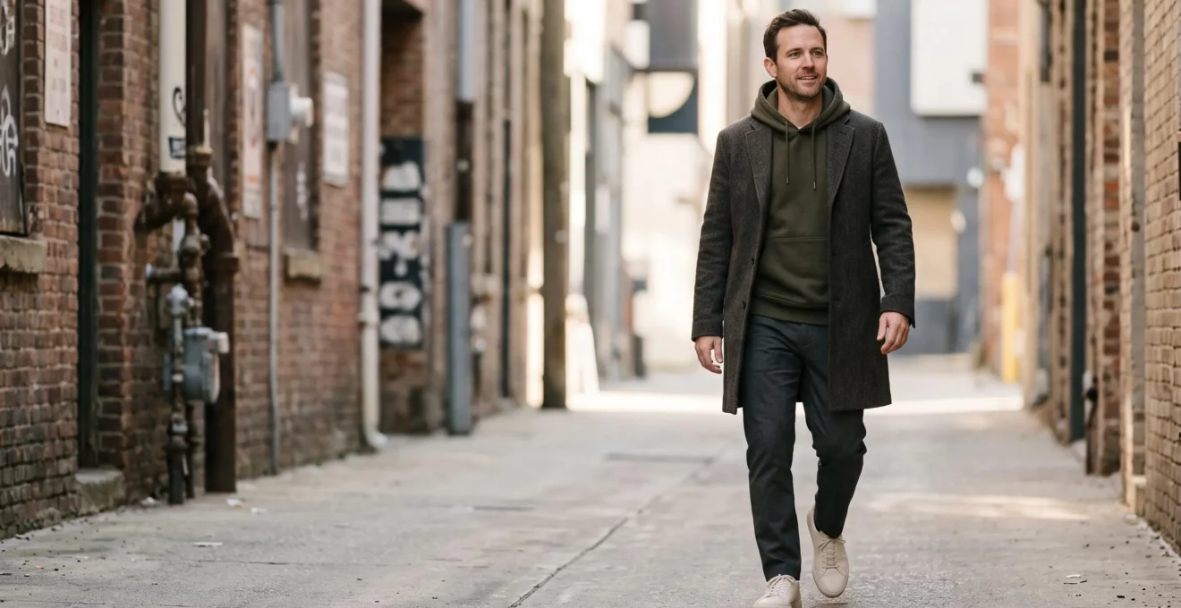 Hombre adulto combinando una sudadera premium con una chaqueta sastre y zapatillas de diseño en un entorno urbano minimalista