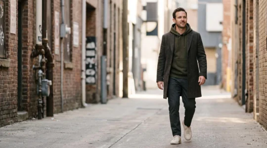Hombre adulto combinando una sudadera premium con una chaqueta sastre y zapatillas de diseño en un entorno urbano minimalista