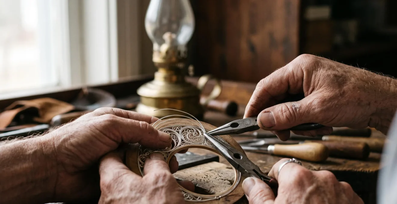 Manos de un artesano trabajando con hilos de plata en la técnica de filigrana, simbolizando la autenticidad de la joyería ancestral frente a la imitación comercial