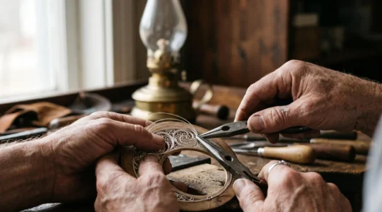 Manos de un artesano trabajando con hilos de plata en la técnica de filigrana, simbolizando la autenticidad de la joyería ancestral frente a la imitación comercial