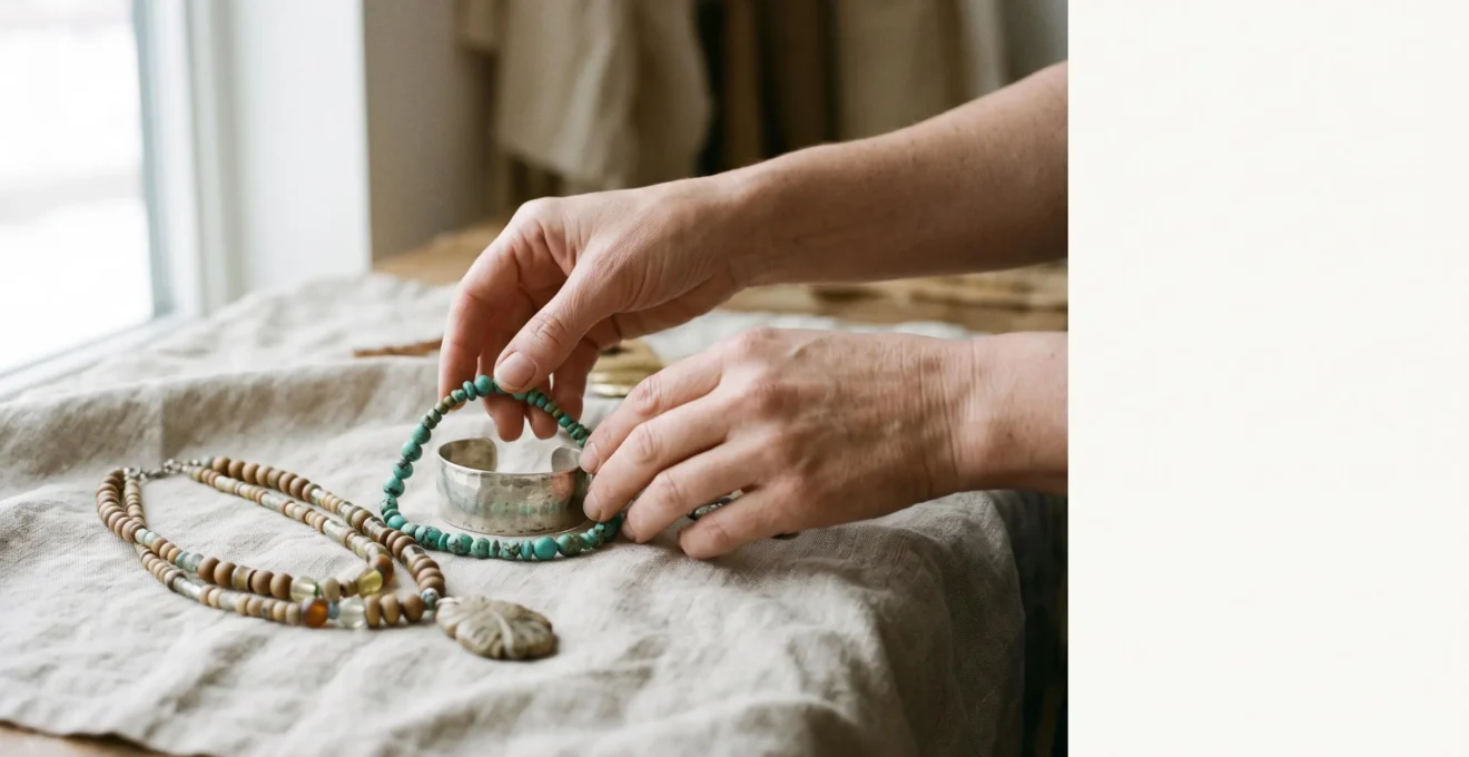 Manos sosteniendo con delicadeza joyas étnicas artesanales de plata y piedras naturales, simbolizando el respeto cultural en la moda