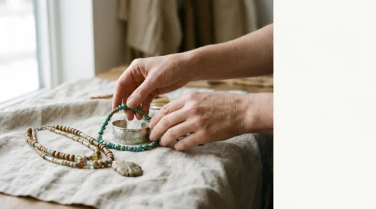 Manos sosteniendo con delicadeza joyas étnicas artesanales de plata y piedras naturales, simbolizando el respeto cultural en la moda