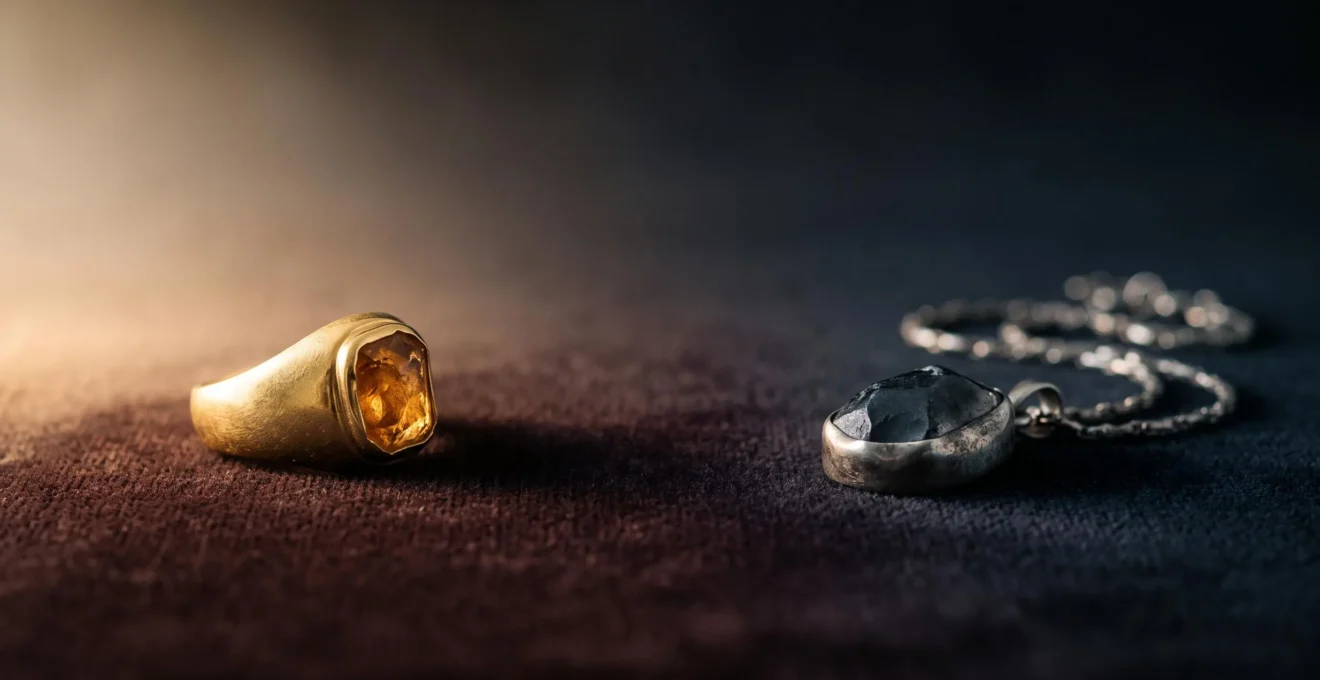 Dos piezas de joyería fina iluminadas de forma contrastada simbolizando la revalorización frente a la depreciación con el tiempo
