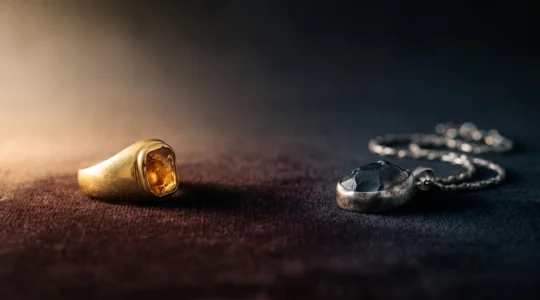 Dos piezas de joyería fina iluminadas de forma contrastada simbolizando la revalorización frente a la depreciación con el tiempo