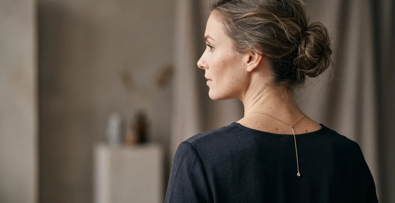 Mujer de perfil luciendo un collar largo que estiliza visualmente la línea del cuello