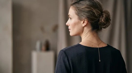 Mujer de perfil luciendo un collar largo que estiliza visualmente la línea del cuello