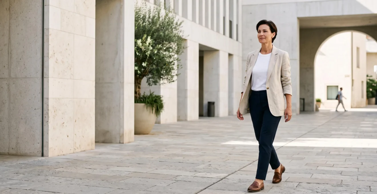 Persona con un look relajado pero cuidado que transmite estilo intencional en un entorno urbano minimalista