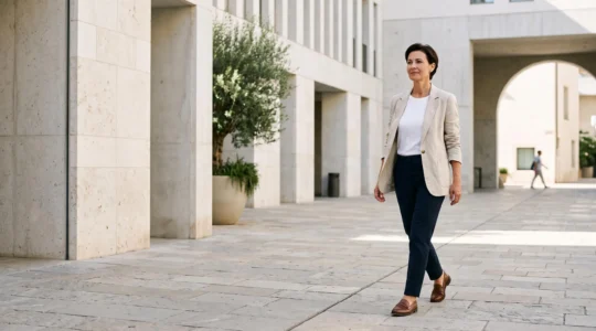 Persona con un look relajado pero cuidado que transmite estilo intencional en un entorno urbano minimalista