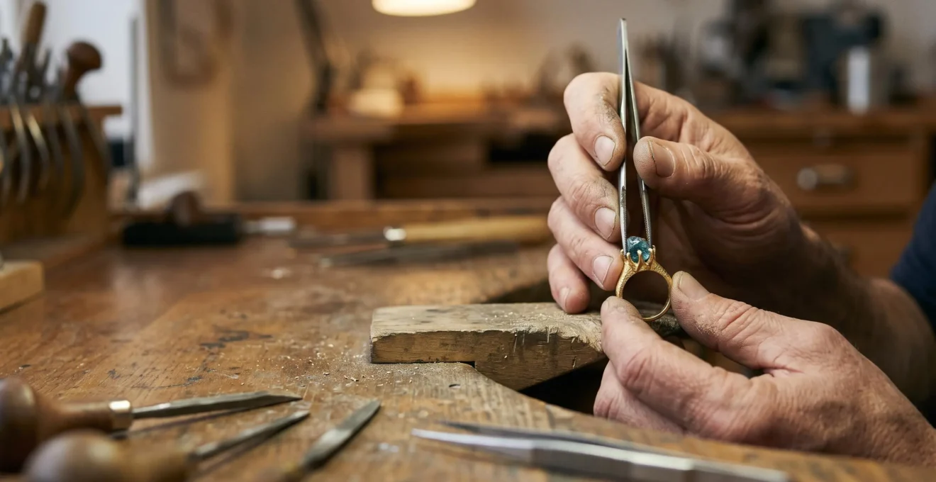 Manos de un orfebre maestro puliendo a mano el engaste de un anillo de oro sobre un banco de trabajo artesanal