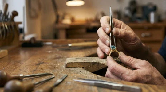 Manos de un orfebre maestro puliendo a mano el engaste de un anillo de oro sobre un banco de trabajo artesanal