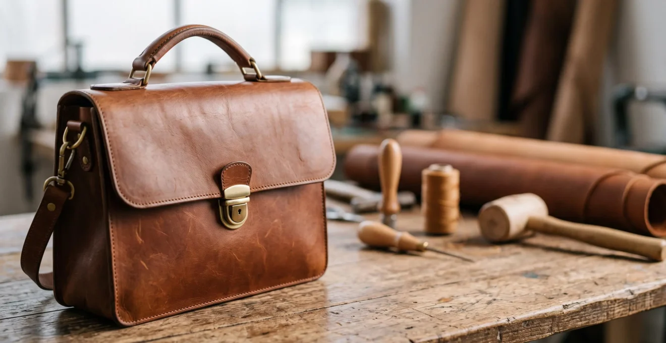Bolso de cuero artesanal de alta gama sobre una mesa de trabajo de madera, simbolizando la calidad atemporal de la marroquinería fina