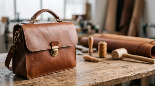 Bolso de cuero artesanal de alta gama sobre una mesa de trabajo de madera, simbolizando la calidad atemporal de la marroquinería fina