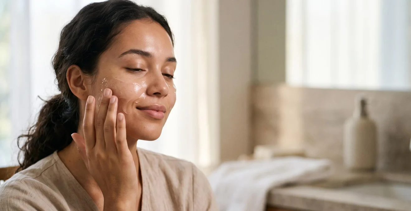 Mujer aplicándose una mascarilla facial hidratante en gel con la piel luminosa y saludable