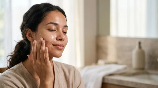 Mujer aplicándose una mascarilla facial hidratante en gel con la piel luminosa y saludable