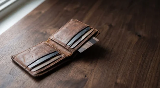 Cartera de cuero premium abierta mostrando tarjetas y documentos organizados con espacio negativo alrededor