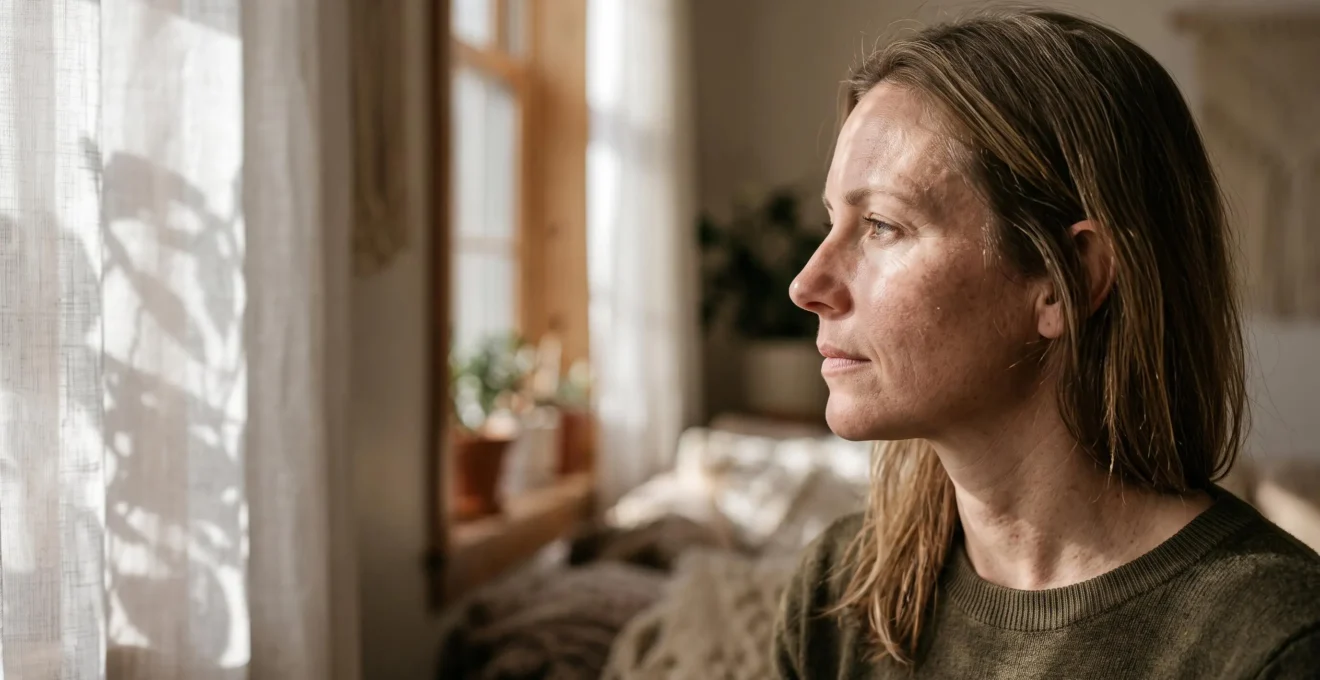 Rostro de mujer bajo luz solar tamizada que revela sutilmente la textura de la piel, simbolizando el daño solar invisible acumulado