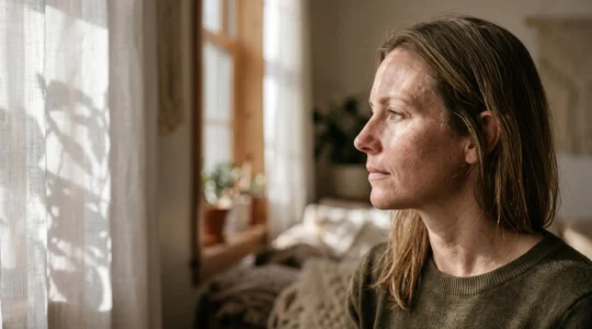 Rostro de mujer bajo luz solar tamizada que revela sutilmente la textura de la piel, simbolizando el daño solar invisible acumulado
