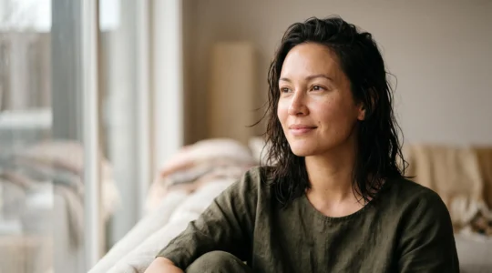 Retrato de una mujer con piel luminosa y saludable tras desmaquillarse, con luz natural