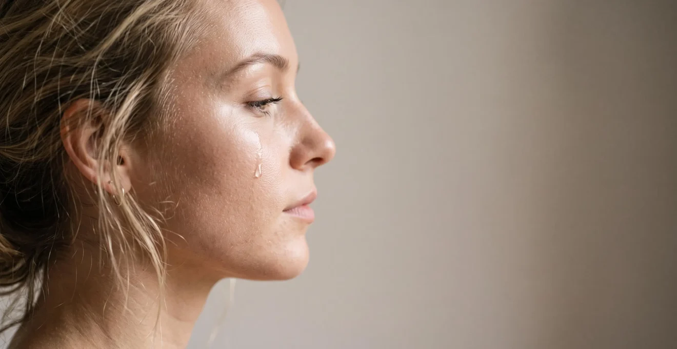 Perfil de un rostro femenino con una gota de agua deslizándose sobre la piel, simbolizando la diferencia entre hidratación real y una sensación superficial